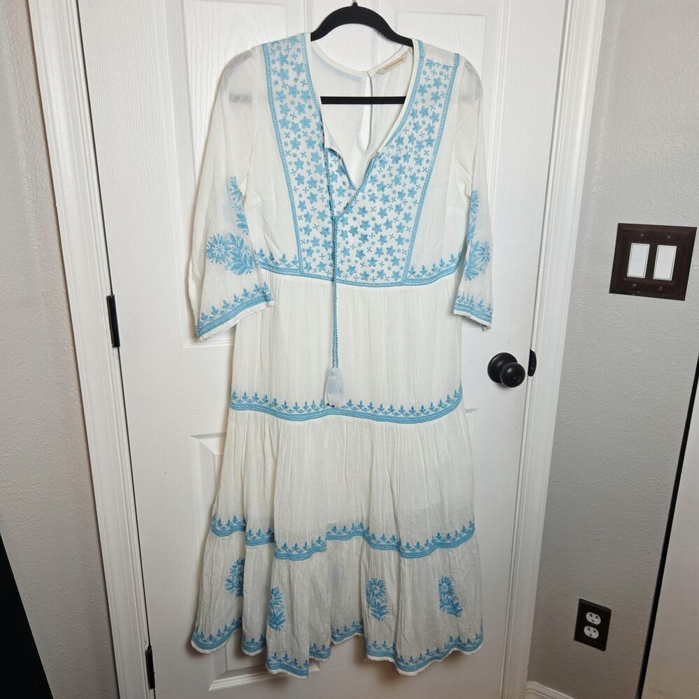 Soft Surroundings Dress Small Juniper White Blue Embroidered Boho Maxi Cottage